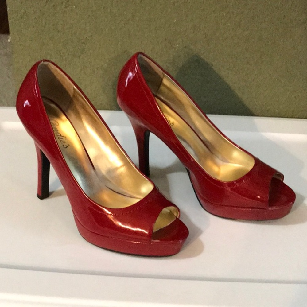 Red patent platform dress heels